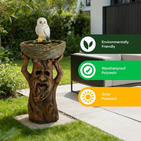 Gardenwize Solar Bird Bath – Owl Bird Bath Fountain with LED Lights & Battery Backup
