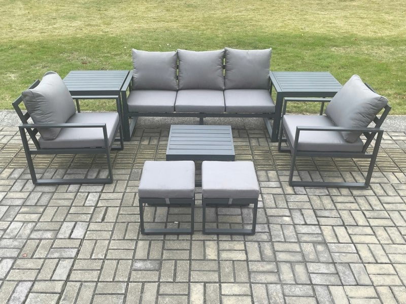 Fimous Aluminium 7 Seater Outdoor Lounge Sofa Set Garden Furniture Sets with Square Coffee Table 2 Chairs 2 Small Footstools 2 Side Tables Dark Grey
