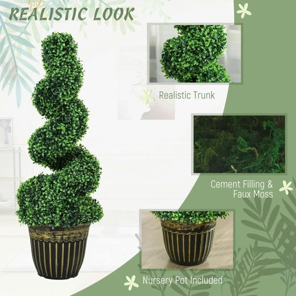 Set of 2 artificial green spiral topiary trees with dense foliage in black ribbed pots