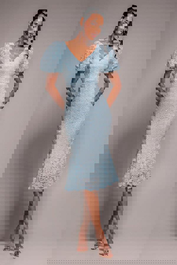 Scallop Lace Puff Sleeve Fit & Flare Midi Dress - Sky Blue DR4694