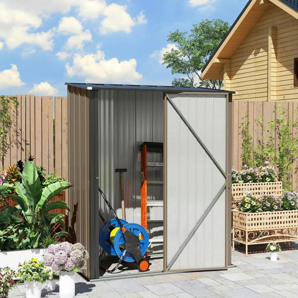 Brown corrugated steel garden shed with open double doors and diagonal cross brace