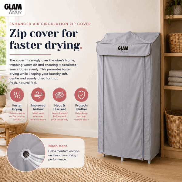 GlamHaus Heated Clothes Airer Dryer Rack Aluminium with Cover Electric 220W - Indoor - Folds Flat for Easy Storage