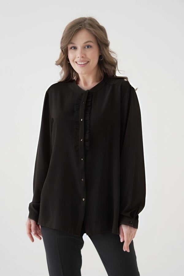 Hoxton Gal Oversized Long Sleeve with Ruffle Detail Blouse in Black