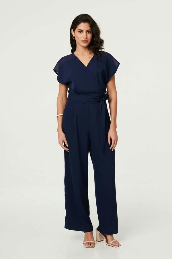 Navy | Cap Sleeve Relaxed Tie Waist Jumpsuit