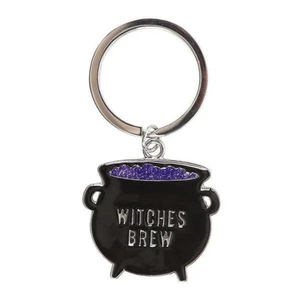 Enamel cauldron keyring charm with 'WITCHES BREW' text and purple top on ring