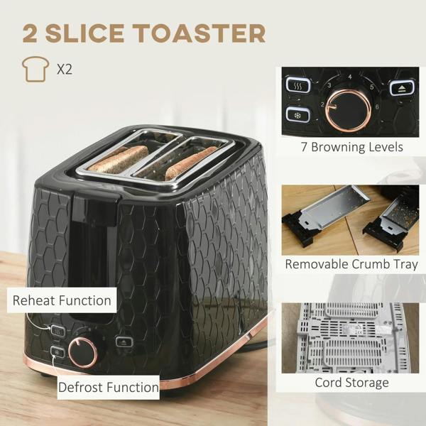 Black 2-slice toaster with browning dial, and removable crumb tray