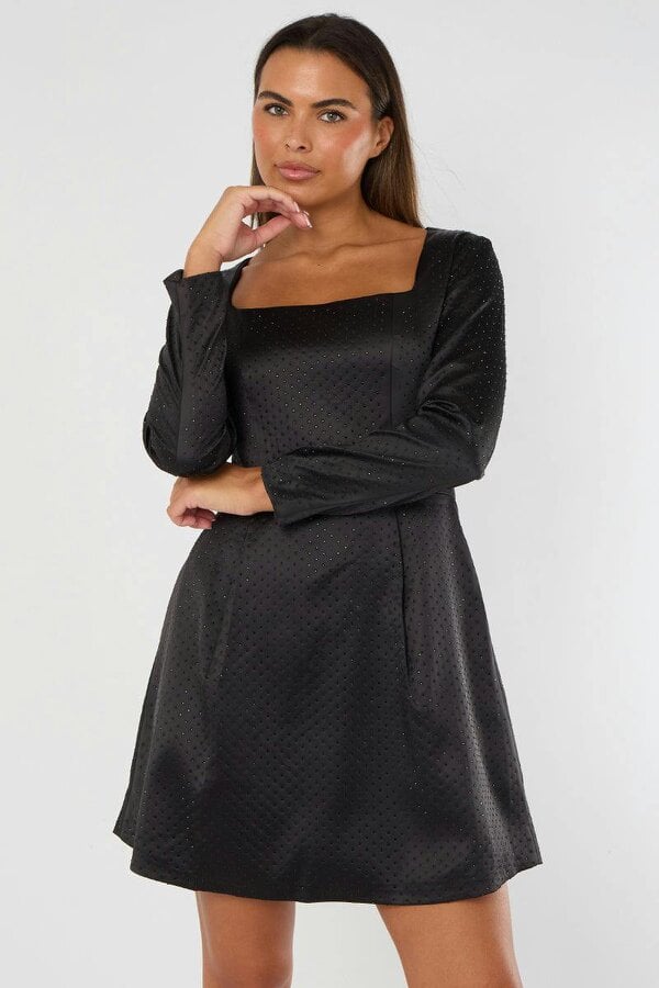 Long Sleeve Black Sequin Mini Dress with Pockets