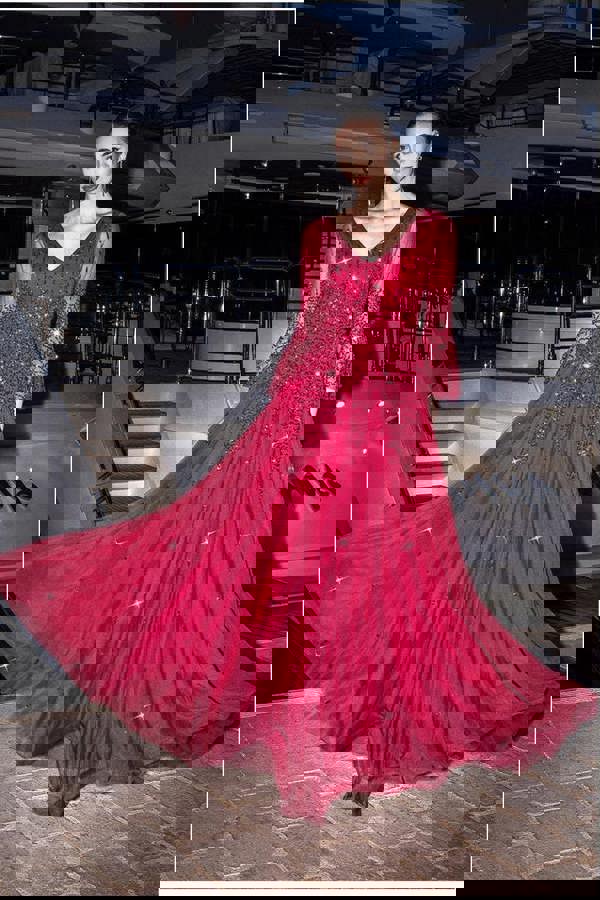 Sunray Hand Embellished Sequin A-Line Bell Sleeve Maxi Dress - Burgundy DR4654