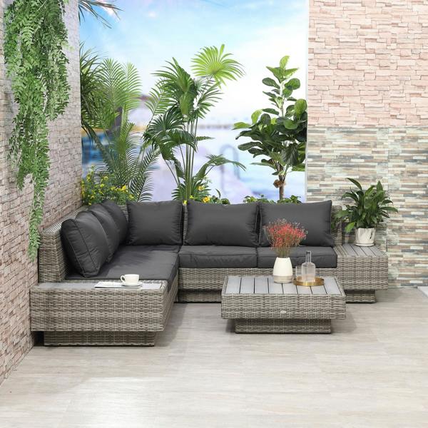 Wyld Haus Vaneno Rattan Light Grey 5 Seater Outdoor Corner Sofa And Coffee Table Set With Cushions
