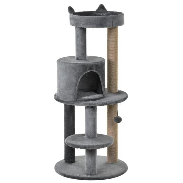 Grey plush multi-level cat tree with a condo, perches, and scratching posts
