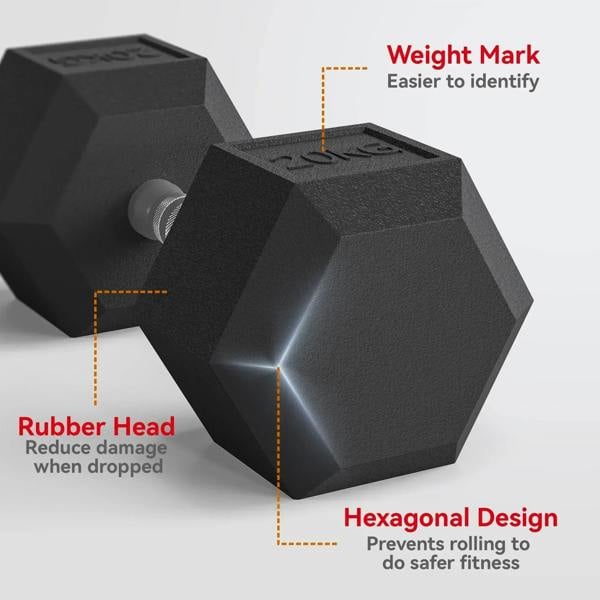 Close-up of black hex rubber dumbbell with textured grip and steel collar