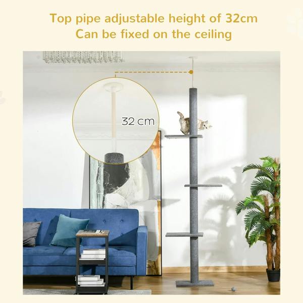 Grey adjustable-height cat tree tower with ceiling top pipe and three resting platforms