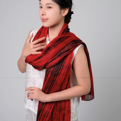 Red & Black Brushstroke Silk Scarf – Hand-Dyed Mulberry Silk, Evening Wrap & Gift