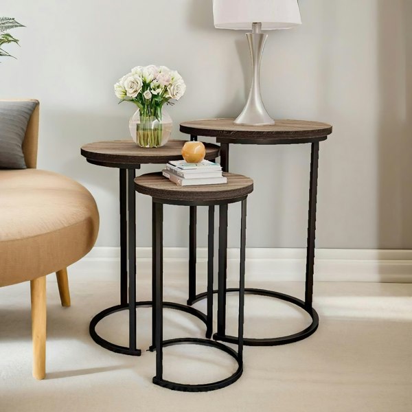 Rafaelo Mobilia Set Of 3 Round Wooden Nesting Tables Brown