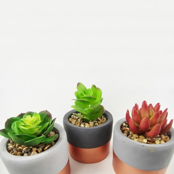 Leaf 14cm Set of Three Stoneware Mini Copper Band Planters with Artificial Succulent Plants