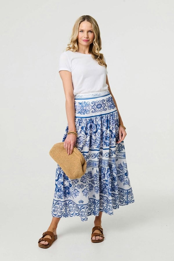 Blue | Mosaic Print High Waist Tiered Maxi Skirt
