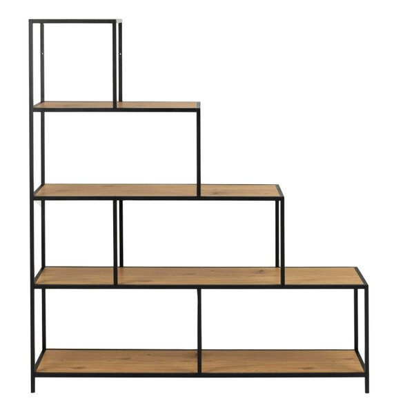 Wyld Haus El Paso Black Metal and Natural Oak Veneer Frame Bookcase 4 Shelves in Step Design