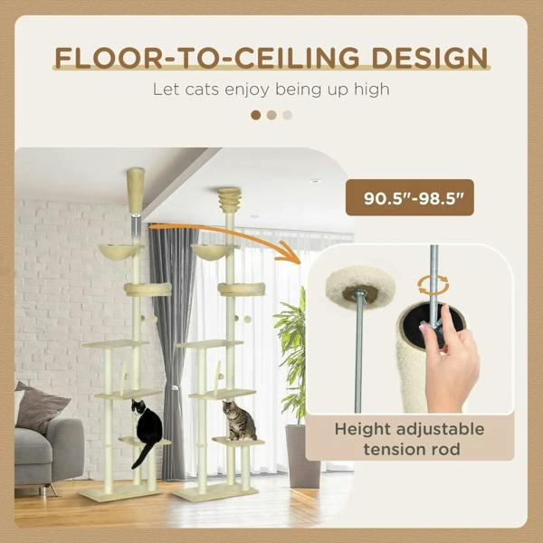 Beige floor-to-ceiling cat tree with adjustable tension rod and stacked perches