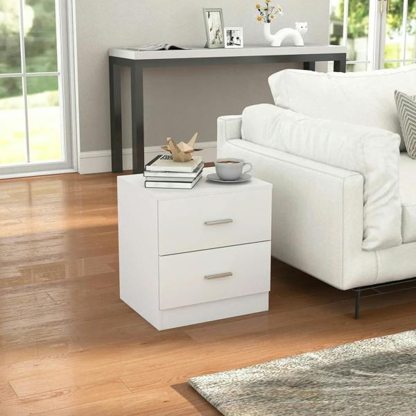 White two-drawer bedside table with metal bar handles and top surface