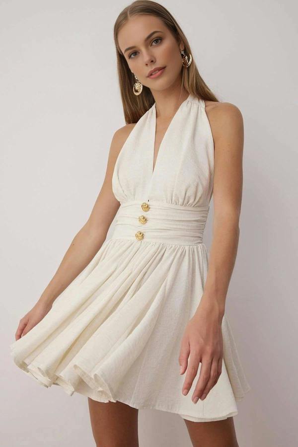 WOVCOR Skater Mini Dress with Button Detail
