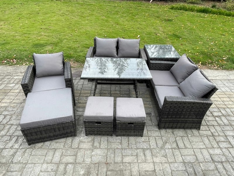 Fimous 8 Seater Dark Grey Mixed PE Rattan Outdoor Dining Set - Rectangular Dining Table, Double Sofa & 3 Footstools