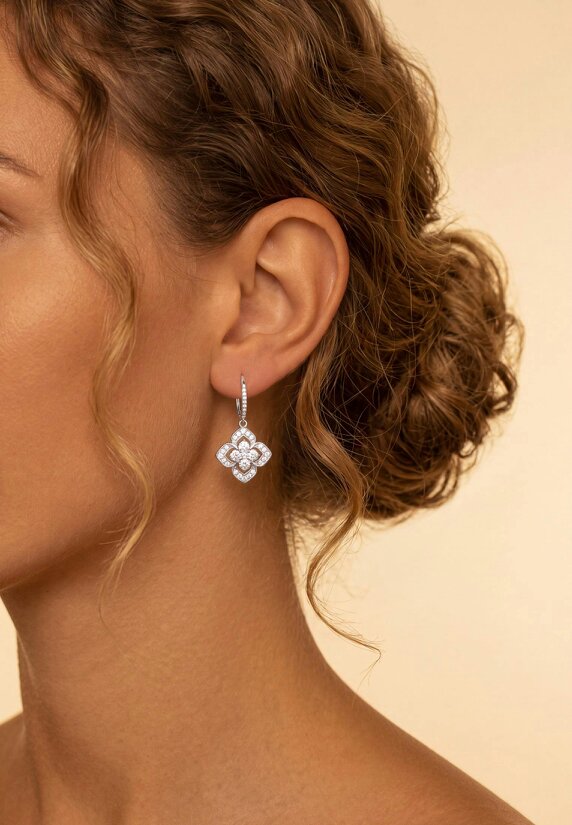 Latelita Pointed Cz Clover Flower Drop Earrings Silver
