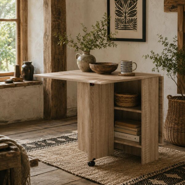 Wyld Haus Vasufa Wooden Natural Ex10dable Drop Leaf Dining Table Seating 4 To 6 With Shelves And Wheels