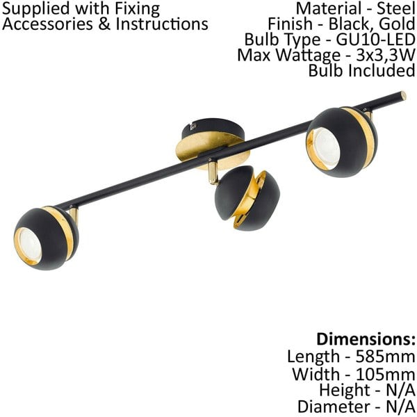 Flush 3 Spot Ceiling Light Colour Black Gold Shade & Back Plate Bulb GU10 3x3.3W Loops