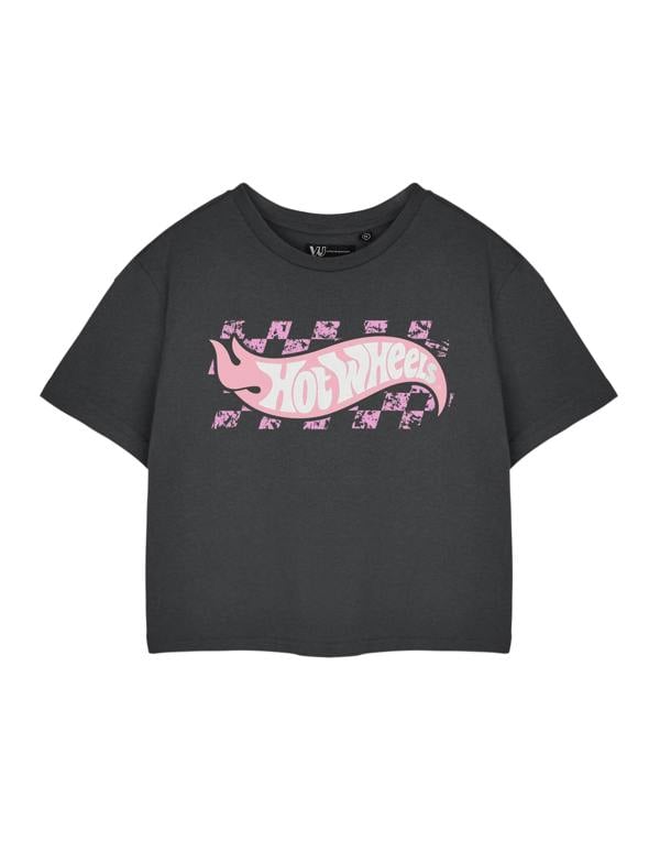 Hot Wheels Womens Grey Pastel Logo Cropped Short Sleeved T-Shirt