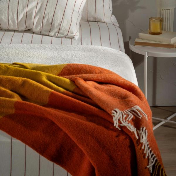 Cinnamon Wool Block Colour Check Throw close-up detail 3 | Soak and Sleep