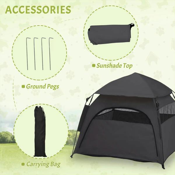 Charcoal gray pet tent with carrying bag and mesh front opening