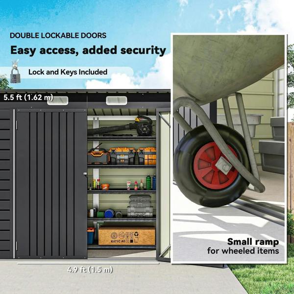 Grey metal shed with double lockable doors and lock-and-key security