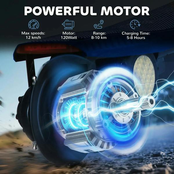 Electric scooter motor and spinning front drive wheel with bright LED headlight glow