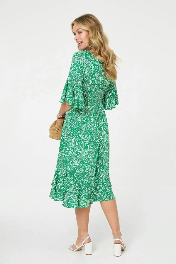 Green | Printed 3/4 Sleeve Layered Midi Dress