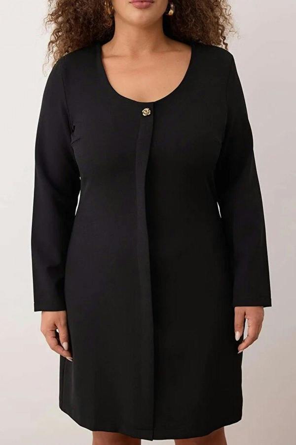 WOVCOR Pool Neck Button Detail Long Sleeve Mini Woven Plus Size Dress