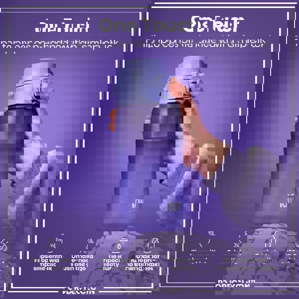 A purple water bottle with a flip top is being held; its lid opens one-handed with a click. The bottle features a triple lock security mechanism and is 100% leakproof. The background is purple.