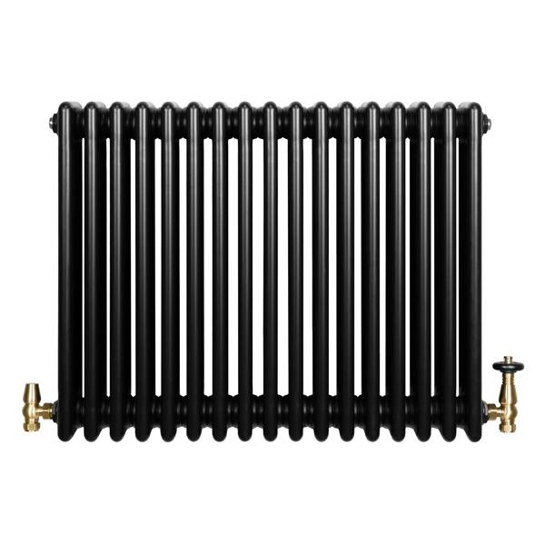 Traditional black 4 column radiator with a sleek, glossy finish and brass valves, measuring 600 x 785mm, ideal for classic interiors