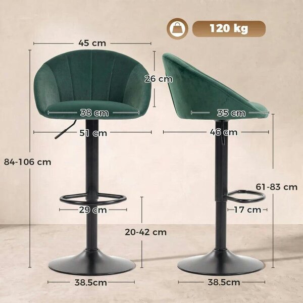 Bar Stools Set of 2 Adjustable Swivel Velvet Breakfast Bar Stools with Backrest, Dark Green