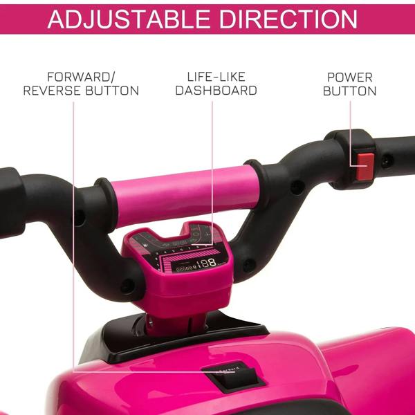 Pink ride-on ATV handlebar console with power button and forward/reverse control buttons