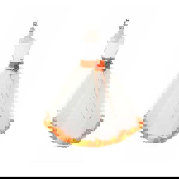 white dress with orange petal detail