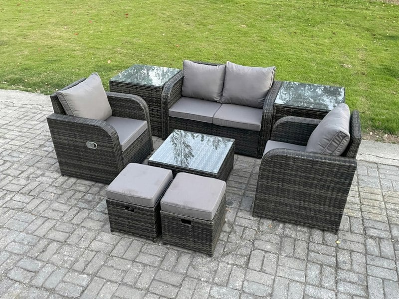 Fimous Rattan Garden Furniture Set Patio Conservatory Indoor Outdoor 8 Piece Set with Love Sofa Square Coffee Table 2 Small Footstools 2 Side Tables