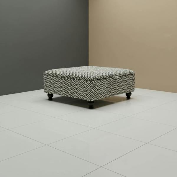 Square patterned storage ottoman serving as window bay seat and extra seating