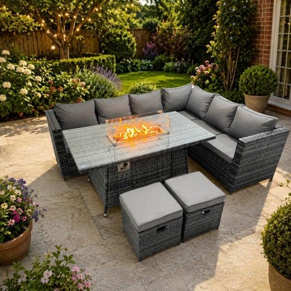 Fimous 8 Seater Outdoor Corner Sofa Gas Fire Pit Dining Table Set Garden Rattan Furniture Set with 2 Small Stools Dark Grey