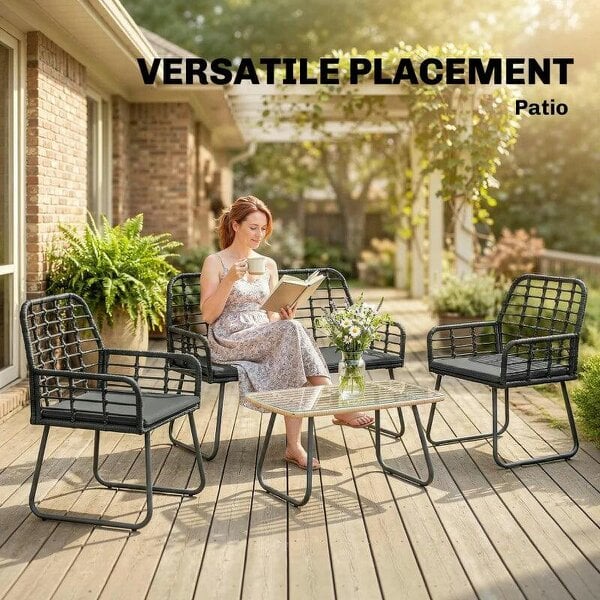 4 Piece Rattan Garden Furniture Set, Outdoor Patio Furniture with Loveseat, Armchairs and Coffee Table