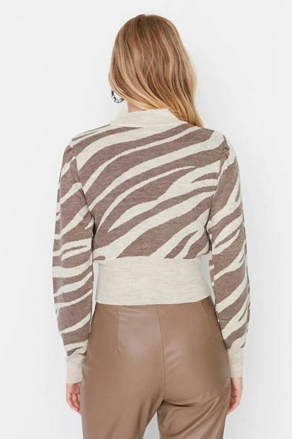WOVCOR Zebra Print Crop Knit Sweater