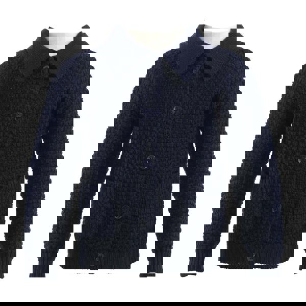 Boys navy moss stitch cardigan with a collar, pockets and pearl button front to fasten.