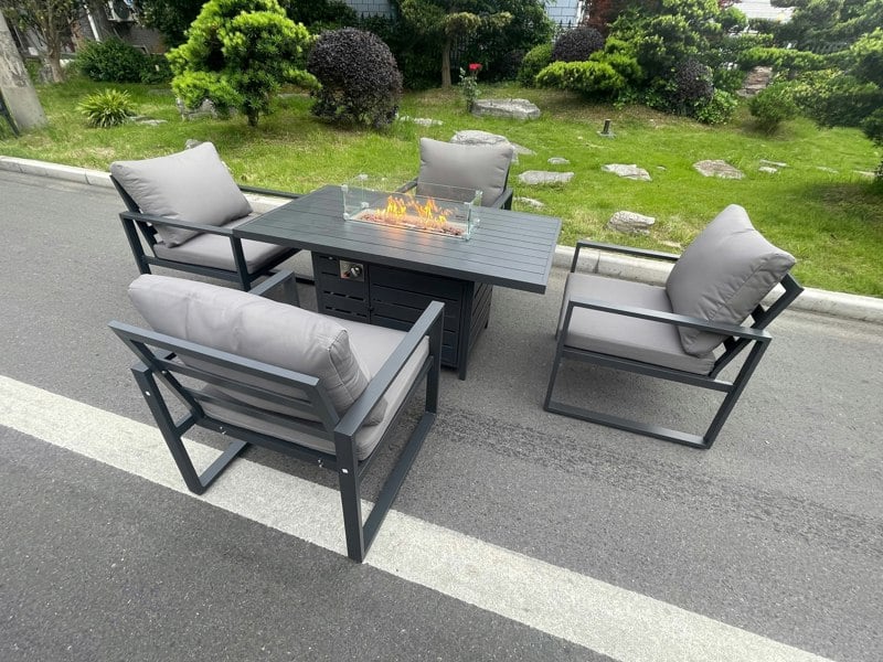 Fimous Aluminum Top 4 Seat Garden Furniture Dining Set Gas Fire Pit Table And Chairs Burner Heater Patio Outdoor Dark Grey