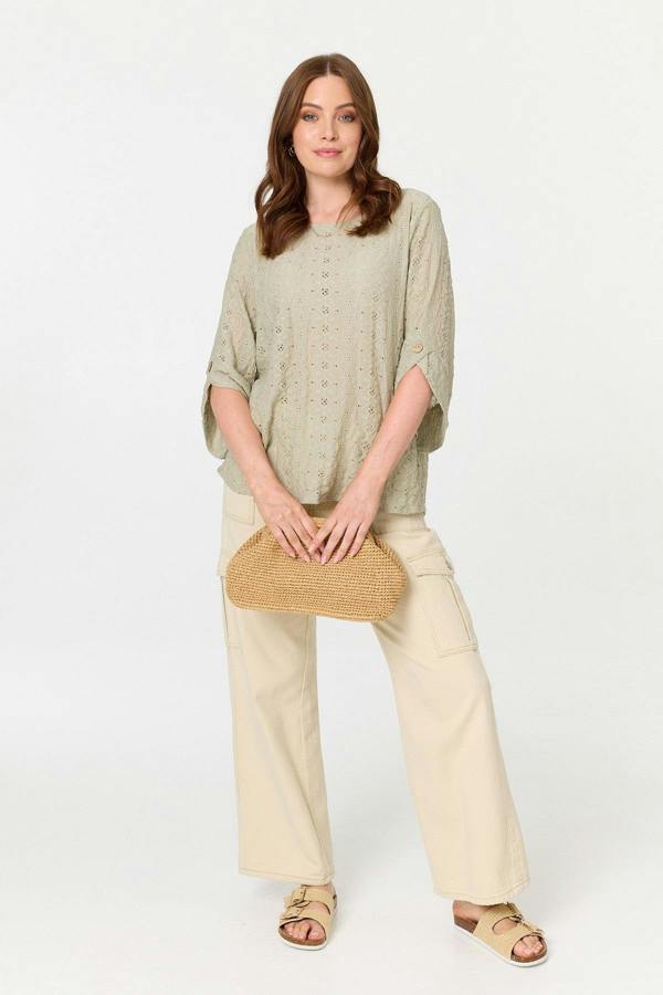 Sage | Embroidered Textured 3/4 Sleeve Blouse
