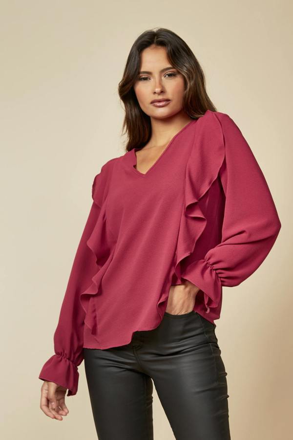 Hoxton Gal Oversized V Neck Top Ruffle Front Details in Burgundy