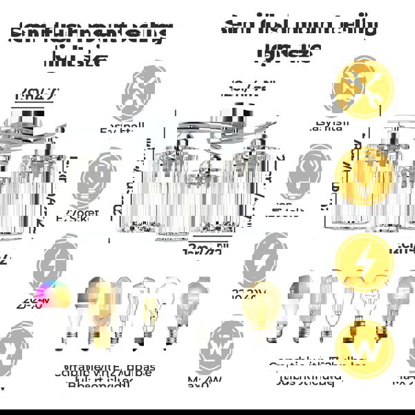 Emitto Crystal Ceiling Light 3 Light Semi Flush Mount Lamp E27 Chandelier Chrome